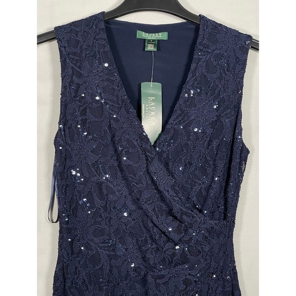 Lauren Ralph Lauren Navy Blue Sequin Lace V-Neck Cocktail Dress Size 4 NEW - Picture 2 of 15